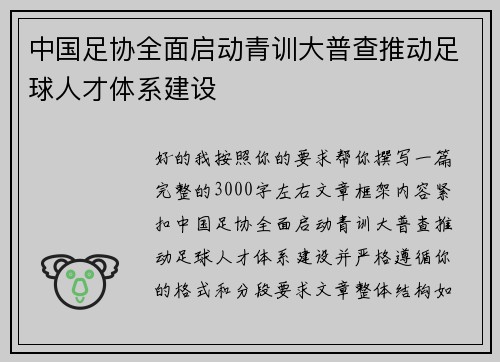 中国足协全面启动青训大普查推动足球人才体系建设 中国足协全面启动青训大普查推动足球人才体系建设
