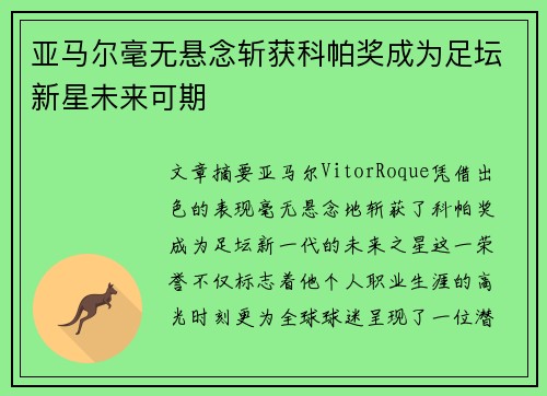亚马尔毫无悬念斩获科帕奖成为足坛新星未来可期